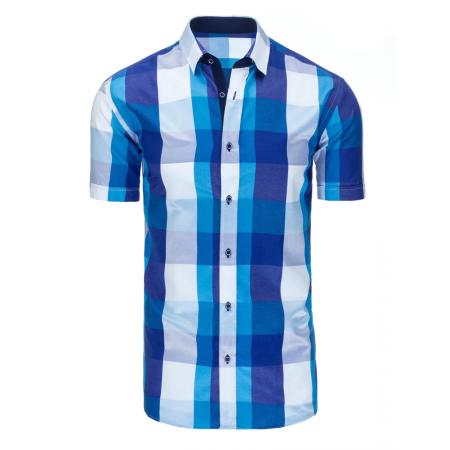 Bílo-modrá pánská košile mřížkovaný vzor s krátkým rukávem slim fit